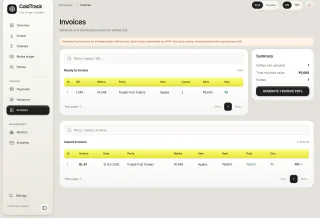 The actual ColdTrack invoice workspace with ready-to-invoice lots, rent totals and issued invoices.