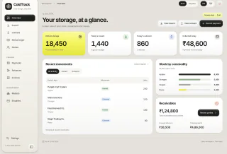 ColdTrack demo overview showing stock, recent movements, collections and receivables.