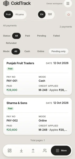 ColdTrack demo payments on a phone.