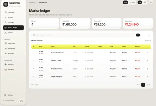 The actual ColdTrack marka ledger, showing stock accounts by party and item with debit, credit and balance.